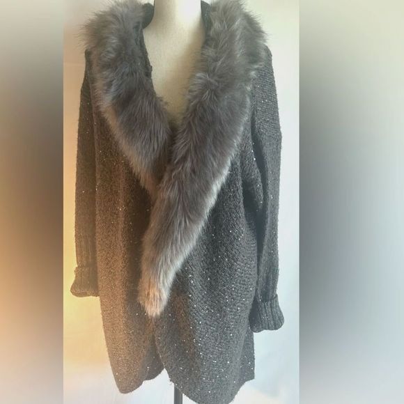 Jennifer Lopez sweater coat heavy knit faux fur collar sequins good cond. LG - Picture 4 of 6